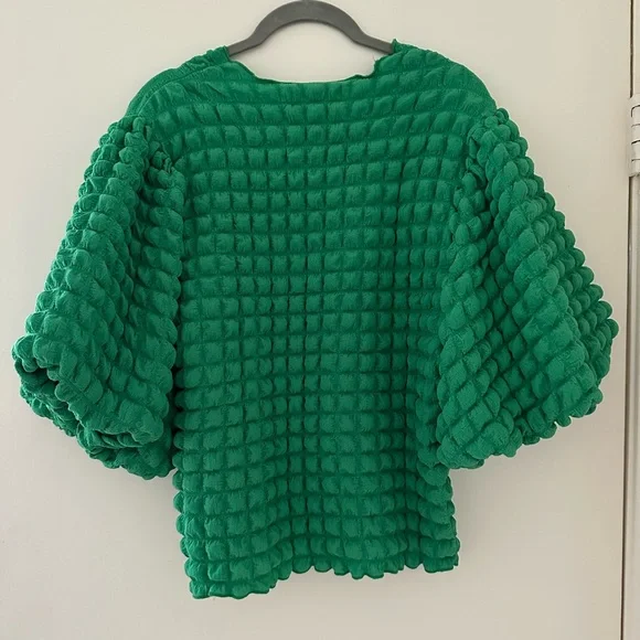 Anthropologie Eri + Ali Green Textured Puff-Sleeve Top XL - Picture 7 of 8